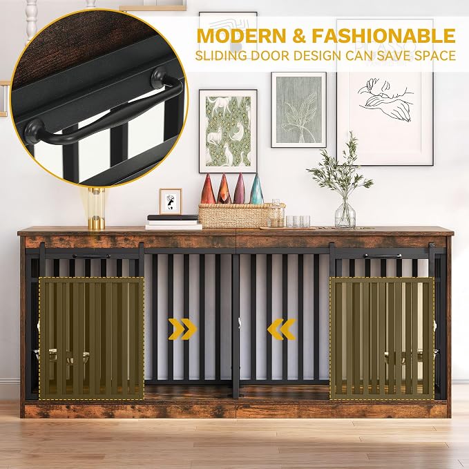 DWVO 71" Double Dog Crate Furniture for 2 Medium Dogs with Dog Bowls | Heavy Duty Wood Dual Dog Kennel TV Stand with Sliding Doors, Decorative 2 Dog Cage Table for Extra Large Dogs Rustic Brown