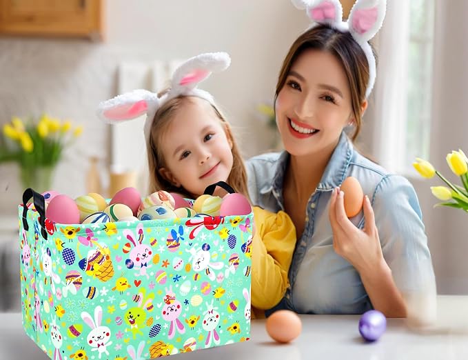 Large Rectangular Easter Baskets Empty Waterproof Boy Toy Box Foldable Kid's Gifts Storage Bin Spring Room Decor(Green Dancing Rabbit)