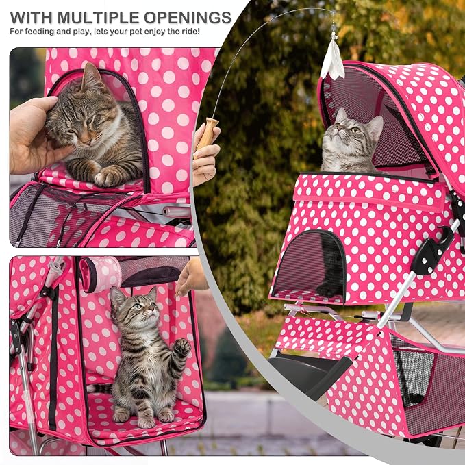 MoNiBloom Pet Stroller for Small/Medium Dogs and Cats, Hot Pink Polka Dots | Foldable Dog Stroller 3 Wheels Pet Strolling Cart w/ Storage Basket Cup Holder, Breathable and Visible Mesh for All-Season