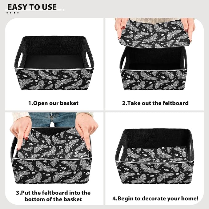 Emelivor Gothic Butterfly Black Storage Basket Bins Set (2pcs) Felt Foldable Storage Bins with Fabric Rectangle Basket for Organizing for Office Bedroom Closet Babies Nursery DVD Laundry