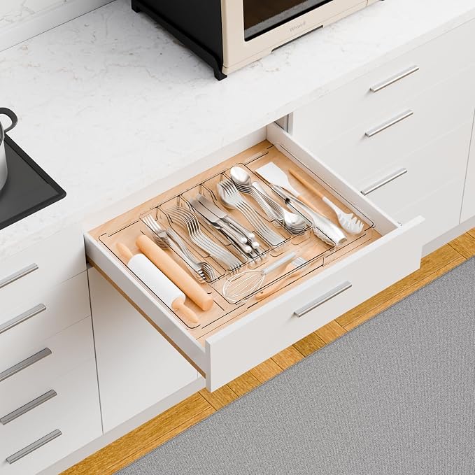 Large Clear Expandable Silverware Drawer Organizer for Kitchen,BPA FREE Adjustable Utensil Drawer Organizer and Silverware Tray,Plastic Flatware Organizers,Cutlery,Knife,Fork and Spoon Holder