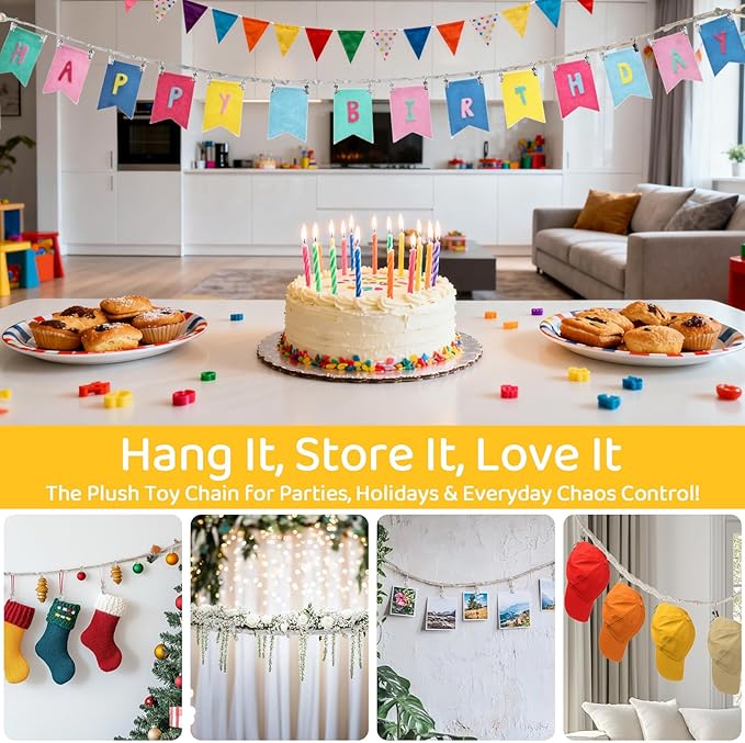 RAINFLOW Cotton Hanging Storage Chain - Display Holder for Stuffed Animals | 2PCS Stuffed Animal Organizer Chain with 40 Metal Clips for Wall, Corner Decor, Hanging Hats, Socks, Holiday Cards,80 Inch