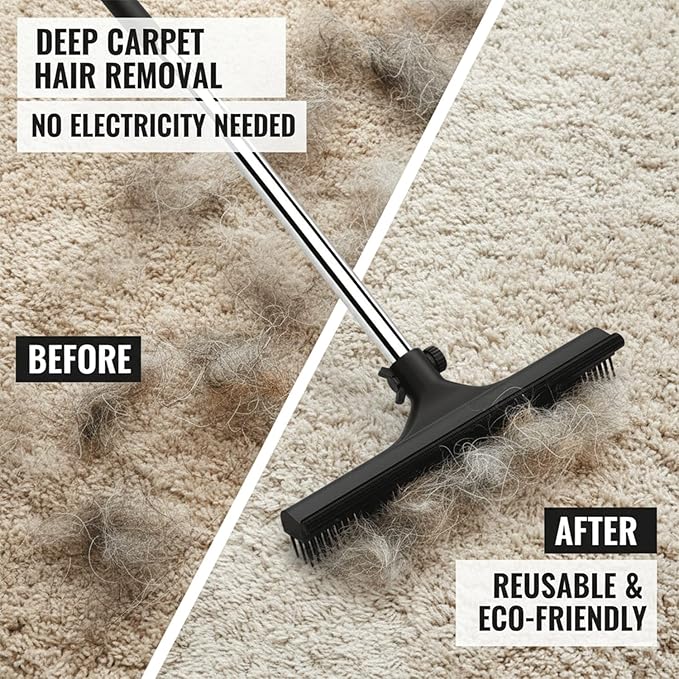 – 3 in 1 Pet Hair Removal Pro Life Carpet Rake with Adjustable Handle – Heavy Duty Dog & Cat Hair Remover for Carpet, Rug, Couch & Furniture – Reusable Lint Scraper Tool