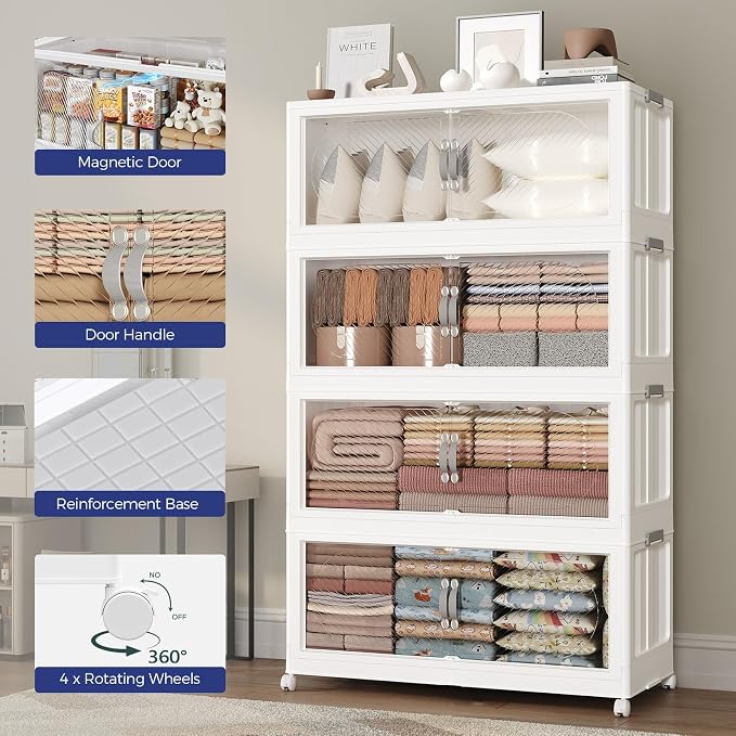 60GAL Plastic Storage Bins with Lid, 240QT Extra Large Stackable Closet Organizers and Storage, Collapsible Storage Boxes with Wheels, Folding Cabinet for Home Kitchen Office, 4Pack White