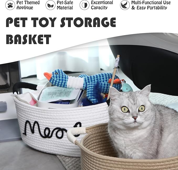 Sea Team Cat Toy Storage Basket with Handles, White Meow | Large Cotton Rope Storage Bin, Shelf Basket, Organizer for Pet Chew Toys, Foods, 16.5 x 11 x 7 Inches, 4.4 Gallons