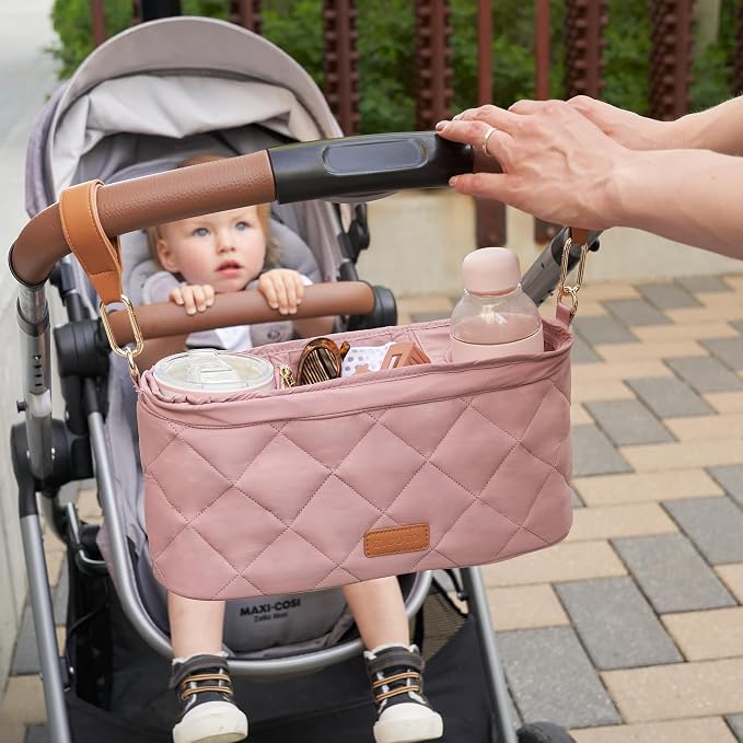 Beautiful Stroller Caddy Organizer With 2 Cup Holders - Zipper Pocket Bag | Luxury Stroller Bag with Universal Fit and Leather Straps - Spacious Accessories Perfectly Fits Doona, Nuna and Uppababy