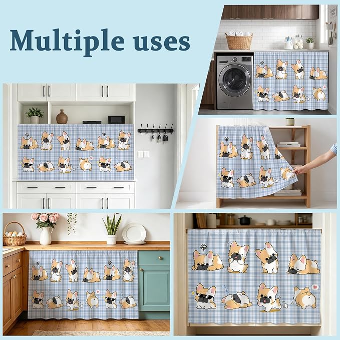 Cute Puppy Cabinet Dishwasher Hidden Curtains, Privacy Closet Door Curtain, Blue Purple Plaid Modern Funny Dogs Pet Adhesive Dust Proof Under Sink Skirt for Bathroom Kitchen 35"x35"