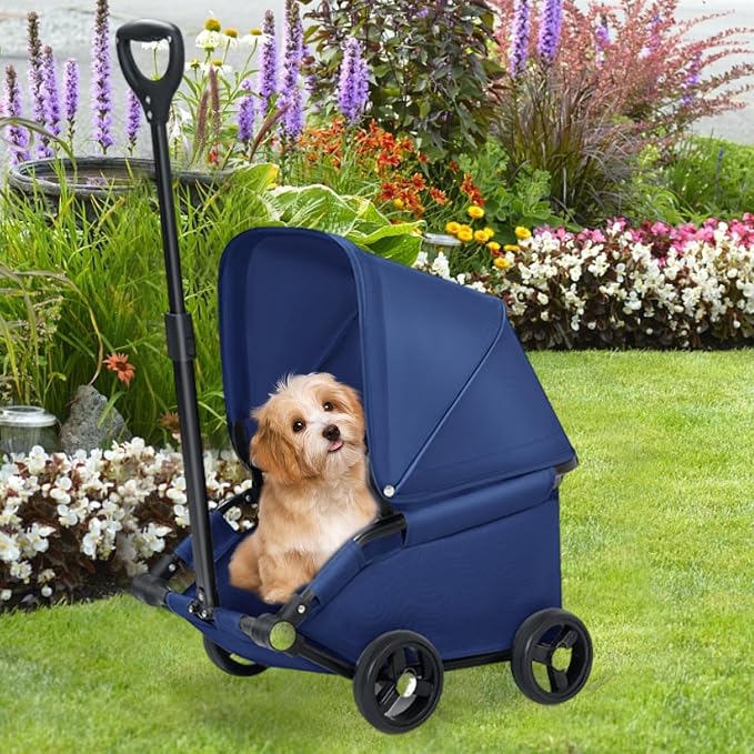 Dog Stroller Pet Stroller Dog Cart Pet Carrier with Compact Fold to 25cm Safe Buckles Anti Slip Wheels Oxford Suitable for Walking Errands Publ, Dark Blue