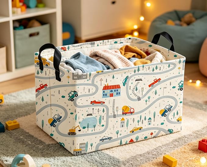 Rectangle Kids Baskets Car Basket Boys Storage Bin Fish Box for Room Decor Gift Basket(Road car)