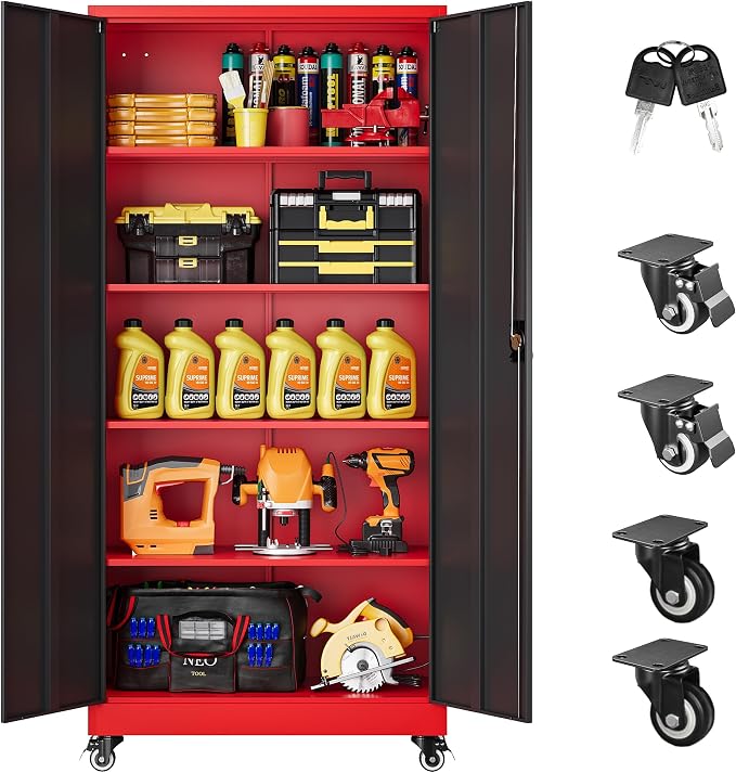 75" Tall Metal Storage Cabinet with Wheels,Rolling Garage Storage Cabinet with Lock,Red Metal Cabinets on Wheels,Locking Tool Cabinets on Wheel for Garage,Home,Office,Shop