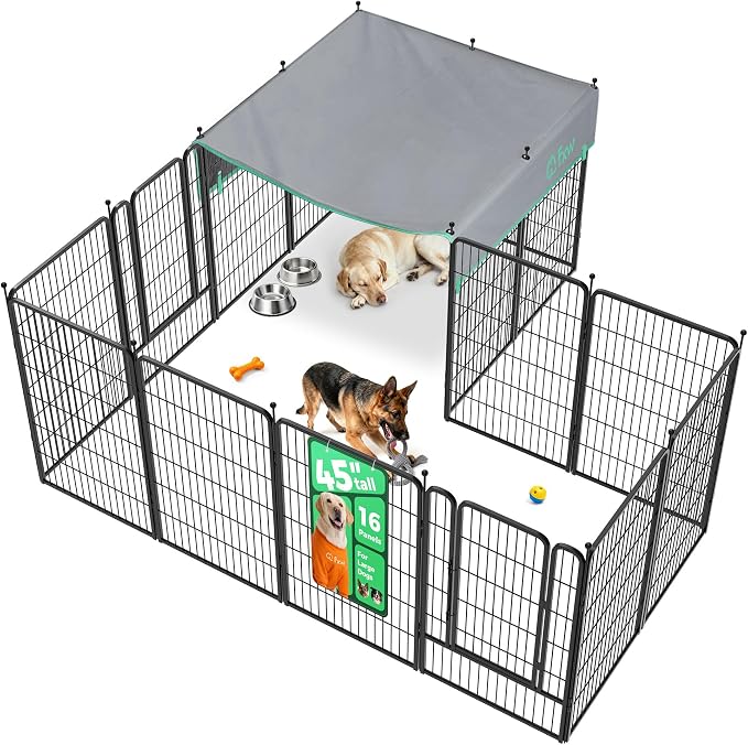 FXW Rollick Dog Playpen with Sun Shade, 45"H, 16 Panels | Heavy-Duty & Easy setup Play Area, UPF 50+ Cover Blocks 98% of UV Rays, For Large Dogs, Patented