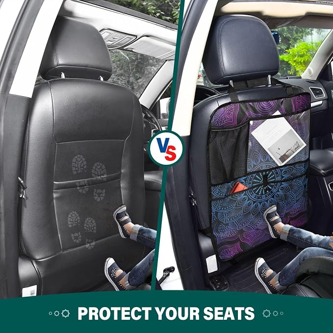 JIPONI Car Backseat Organizer, Boho Mandala Automotive Back Seat Protector, Kick Mats with Storage Pockets for Kids Pets, Road Trip Accessories