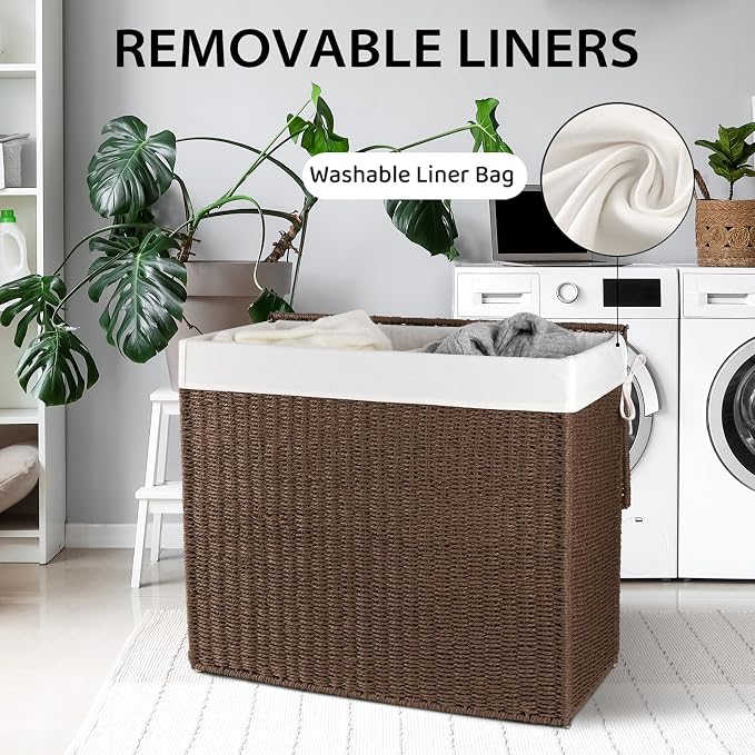 OIAHOMY Laundry Hamper with Lid, 140L(35.7 Gal) Large Wicker Laundry Basket for Bedroom, Handwoven Paper Rope Clothes Hamper with Washable Liner & Metal Frame, Decorative Organizer for Bathroom Brown