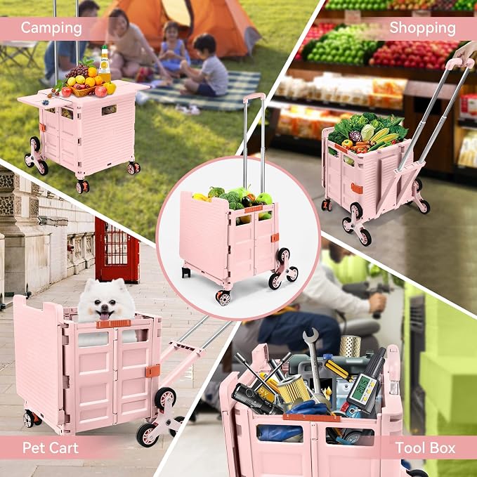 Foldable Utility Cart Portable Crate Rolling Dolly with Telescopic Handle,Can be Pulled diagonally, Magnetic Retractable Lid, 360°Swivel Climbing Wheels for Shopping Carrying Groceries Move Pink