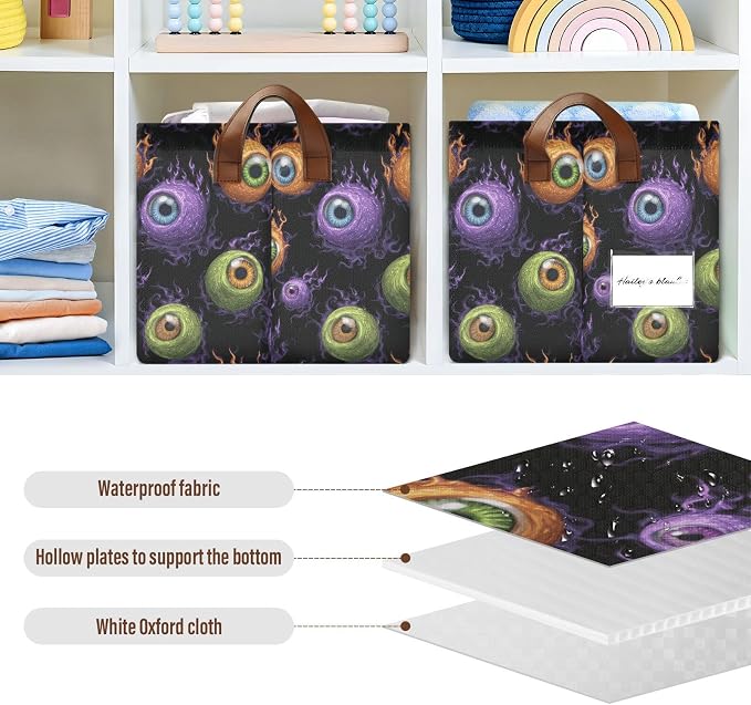 Funny Purple Green Orange Eyeball Storage Basket Foldable Cube Storage Bins with Handles&Label Waterproof Organizer Box Bin Large Rectangle Decorative Baskets for Shelves Home Room Laundry-2 Pack