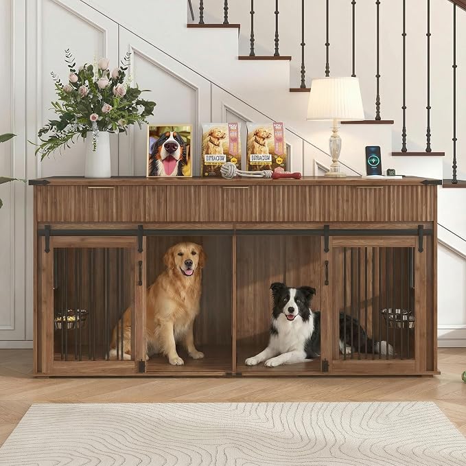 71" Large Dog Crate TV Stand with 3 Fluted Drawers, Furniture Style Wooden Double Dog Crate Furniture with Power Outlet and Rotating Feeders, Dogs Cage for Small Medium Large Dogs, Walnut