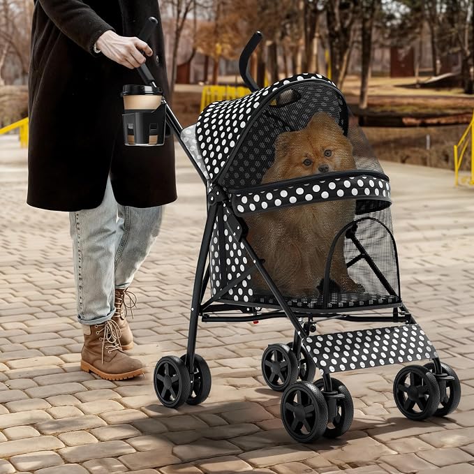 Magshion Compact Fold Pet Travel Stroller for Small Dogs Cats | Up to 22lbs, 4-Wheel Lightweight Umbrella Shaped Design, Safety Tethers, Breathable Mesh, Cup Holder & Rear Storage