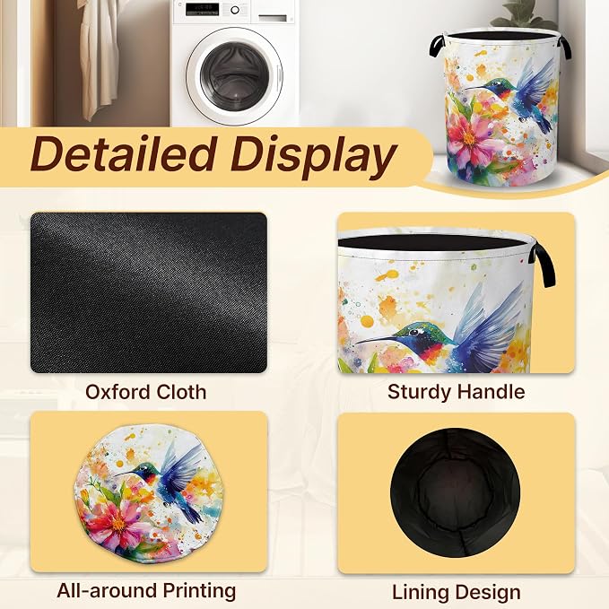 Hummingbird Laundry Basket Collapsible with Handles,Watercolor Flower Waterproof Oxford Cloth Hamper,16 x 20.8 Inch Storage Organizer for Bathroom Bedroom Dorm
