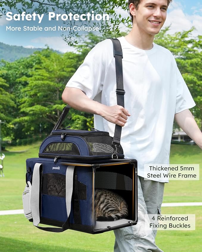 Pecute Cat Carrier, Top Expandable Dog Crate for Travel, Blue