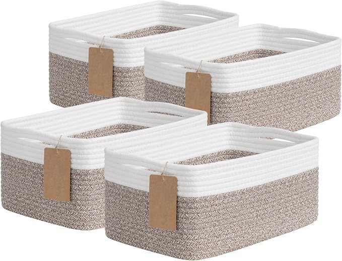 Goodpick 4 Pack Storage Baskets for Organizing Shelves, Brown & White | 13" x 8" x 6" Woven Rope Baskets for Baby Toys, Diapers & Nursery Essentials, Decorative Gift Basket for Home Organization