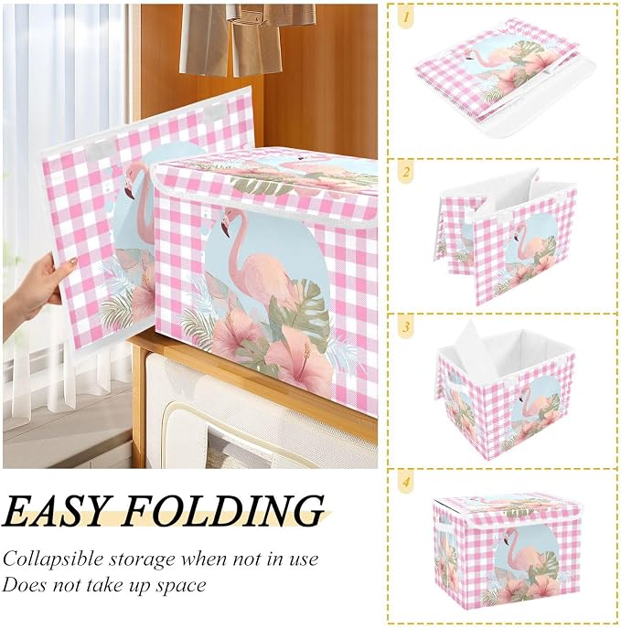 Fabric Storage Bins with Lid Flamingo Foldable Storage Boxes 40L Baskets | Decorative Storage Boxes, 300D Oxford Cloth, Hollow Board Frame, Flip Top Velcro Lid, 16.5x12.6x11.8 inch, Collapsible Design