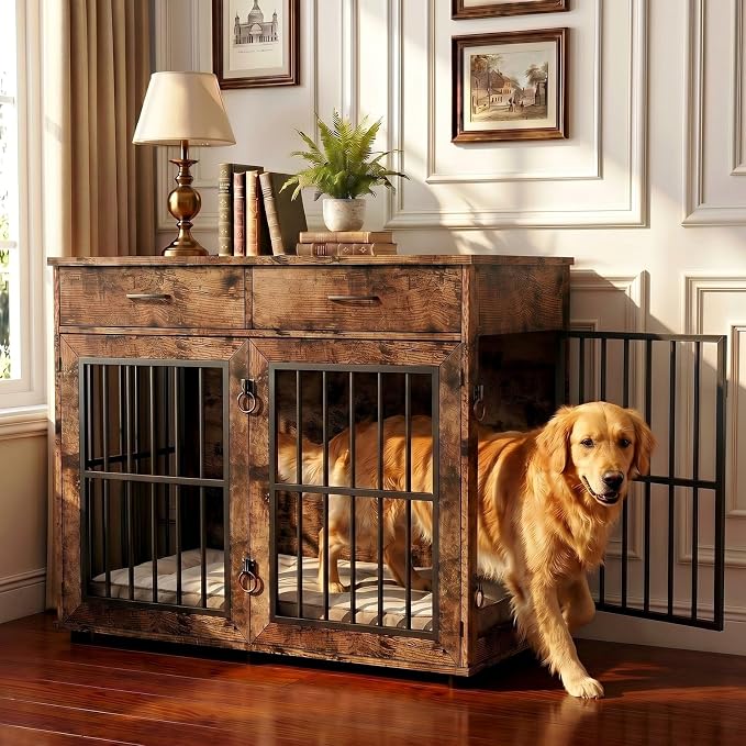 VOWNER 43.3" Large Dog Crate Furniture with 2 Drawers, Brown | Wooden Dog Kennel Furniture End Table with 3 Doors, XL Dog Kennel Indoor with Storage, Dog Cage TV Stand for Large Medium Dog