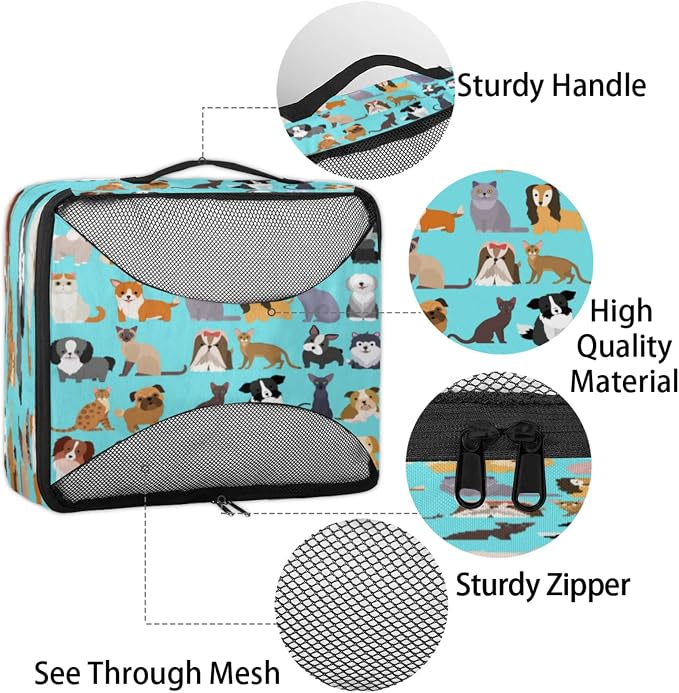 Cute Cat Dog Packing Cubes for Travel, Luggage Packing Organizers, Set Funny Puppy Kitten Travel Accessories Large Toiletries Bag for Clothes Shoes Cosmetics Toiletries