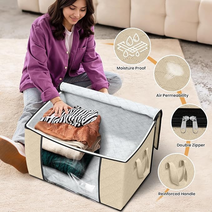90L Clothes Storage, Foldable Thick Fabric Blanket Storage Bags | Foldable Containers with Zippers,Window and Handles for Organizing Bedroom, Closet, Comforter, Bedding,Dorm essentials
