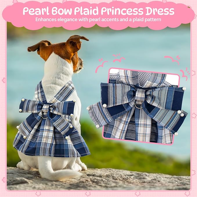 Coppthinktu Plaid Dog Dresses for Small Dogs Girl Bowknot Harness Leash Set