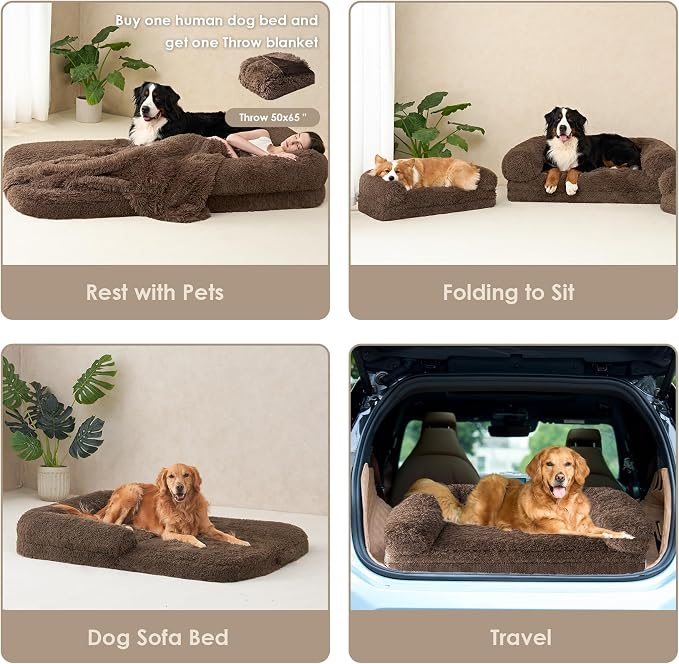 EHEYCIGA Foldable XXL Dog Bed for Large Sized Dog - 54x38x7.5, Brown | Faux Fur Fluffy Pet Couch Bed, Orthopedic Calming Memory Foam Big Pet Bed, Washable Pet Sofa Bed with Non-Slip Bottom