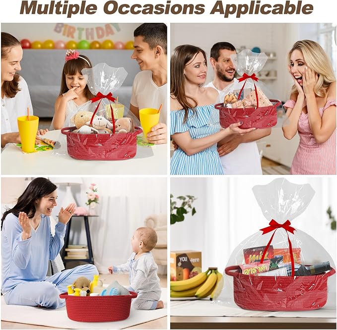 Small Baskets for Gifts Empty, 13"x 9"x 5" Woven Gift Basket with Bag and Ribbon, Cotton Rope Kids Dog Cat Toy Bin Box, Cute Baby Nursery Organizer, Decorative Storage with Handles, Red