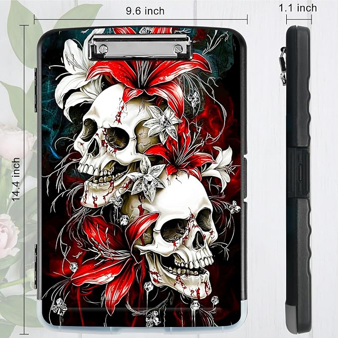Red Lily Skull A4 Clipboard with Storage Pen Holder, Clipboards Organizer Nursing Clipboard Foldable File Folder Plastic Clipboard Folio Clip Board for Office Students Classroom Doctor