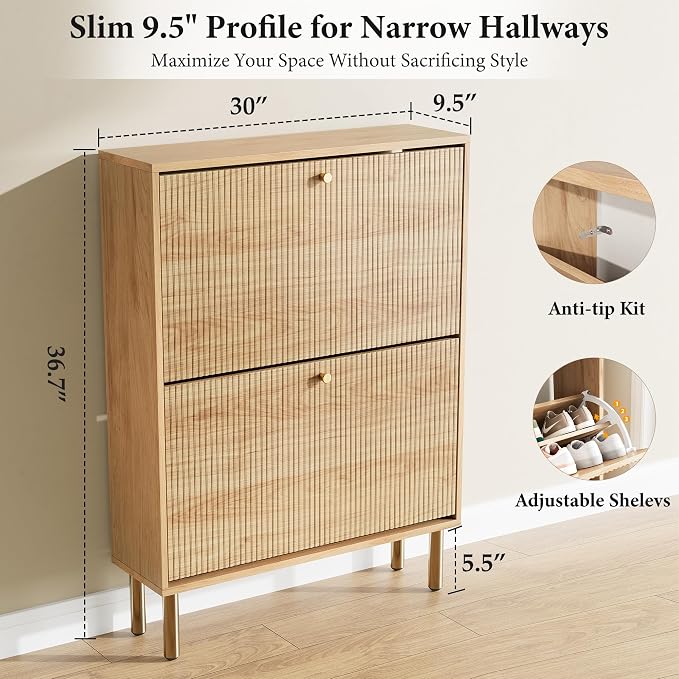 Shoe Storage Cabinet for Entryway - Ultra Slim Shoe Cabinet with Tiered Fluted Design - Modern Shoe Organizer for Entryway with Gold Legs, Hidden Shoe Rack for Small Spaces, Fits Men's Size 12+