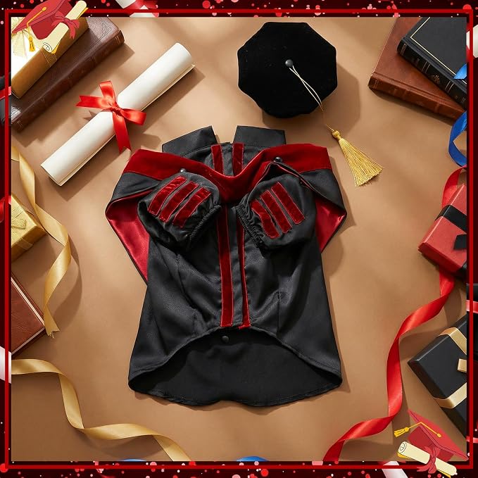 Huhumy 3 Pcs Dog Cat Graduation Doctoral Costume Set, 2026 Pet Phd Graduation Cap and Deluxe Doctoral Gown with Hood Side Tam Puppy Kitty Dogs Grad Holiday Party Costume Accessory(Red,L)