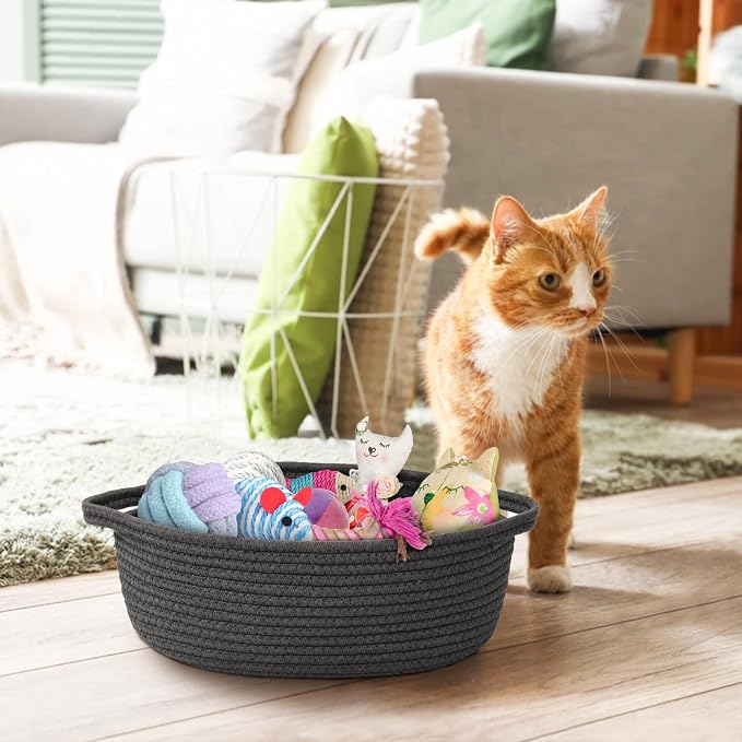 Small Rope Basket, Baskets for Gifts Empty, Cute Woven Basket for Dog Toy, Cat Toy Bin Box, Wicker Organizing Basket for Book, Baby Diaper, Towels, Snack, 13” x 9” x 5”, Dark Gray