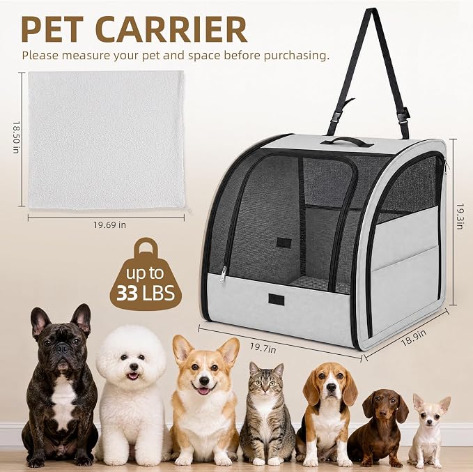 Dog Car Seat for Small Medium Dogs & Cats, Soft-Sided, Gray | Collapsible Pet Travel Carrier, Breathable Mesh, Car Kennel Secured with Seatbelt, Washable Pad, Enclosed Backseat Dog Crate