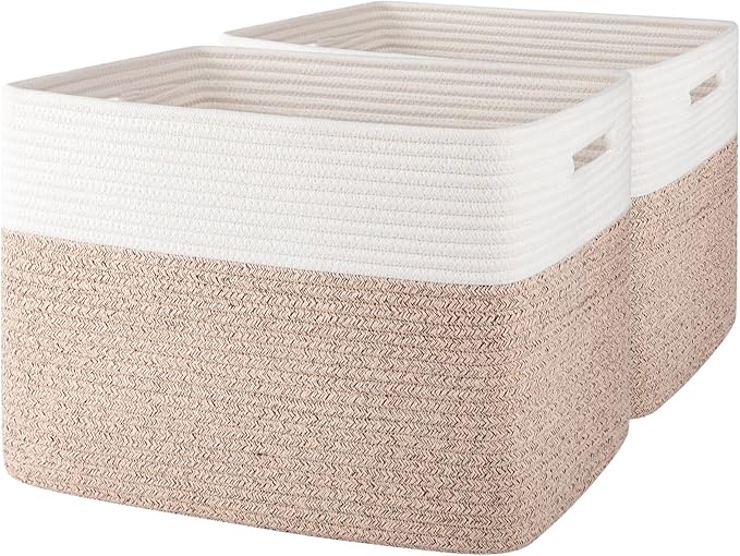 OIAHOMY 2 PACK Tall Storage baskets 42L Blanket Basket Living Room Brown | Large Collapsible Storage Bins Narrow Basket Baskets for Closet Organization Storage Baskets for Shelves Toy Storage Basket