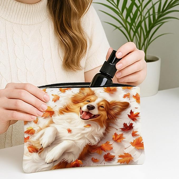 Fall Rough Collie Dog Makeup Bag, Cute Autumn Maple Leaf Printed Cosmetic Travel Pouch for Women Girls, Pet Portable Small Canvas Zipper Organizer 7x9 Inch