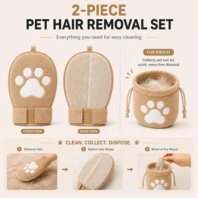 Paw Shape Pet Hair Remover Glove & Fur Storage Bag Set for Cats and Dogs (Beige), Washable Pet Hair Removr, Soft Lint Cleaning Glove for Sofa Carpet Bed Clothes
