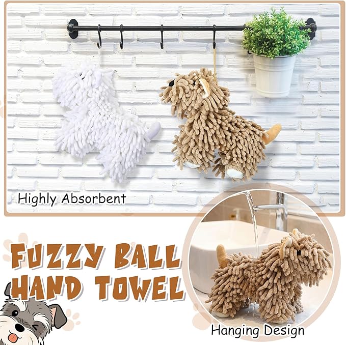 Tegeme 2 Pcs Chenille Dog Hand Towel Fuzzy Dog Towel Absorbent Microfiber Soft for Bathroom Kitchen Washstand (White Brown)