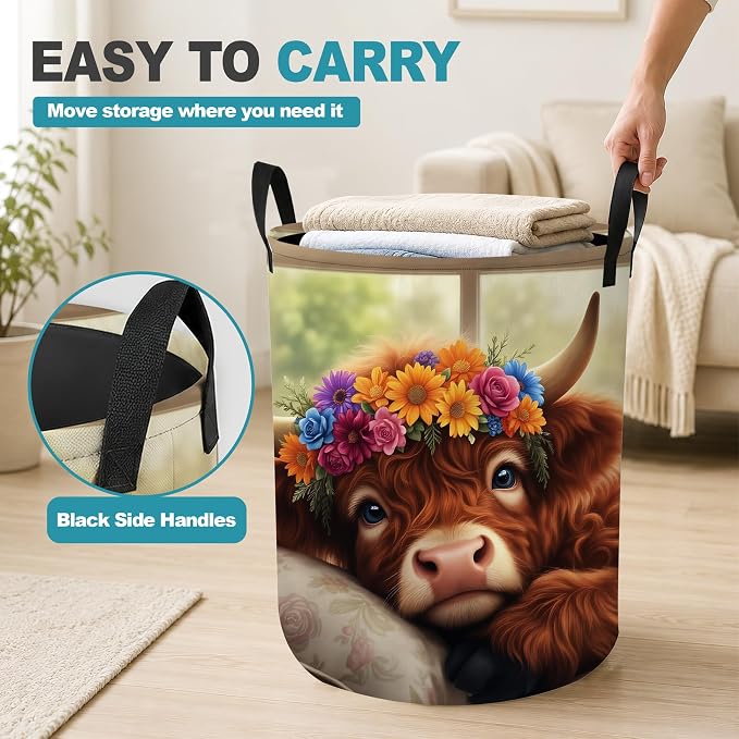 Highland Cow Floral Portable Laundry Hamper,Farmhouse Cozy Collapsible Clothes Basket with Handles,Waterproof Oxford Cloth Organizer for Dorm Bedroom Bathroom Nursery,16 x 20 Inch