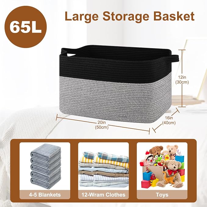 OIASKET 65L Extra Large Blanket Basket Living Room, 19.7"x15.8"x11.8" | Rectangle Woven Laundry Hamper, Nursery Blanket Storage Living Room, Toy Storage With Handle, Large Baskets for Organizing
