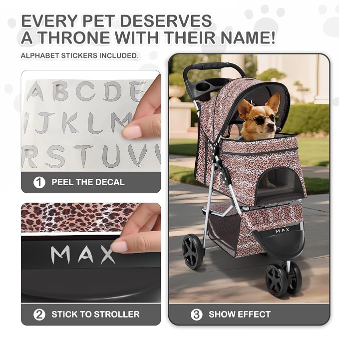 MoNiBloom Pet Stroller for Small/Medium Dogs and Cats, Leopard Print | Foldable Dog Stroller 3 Wheels Pet Strolling Cart w/ Storage Basket Cup Holder, Breathable and Visible Mesh for All-Season