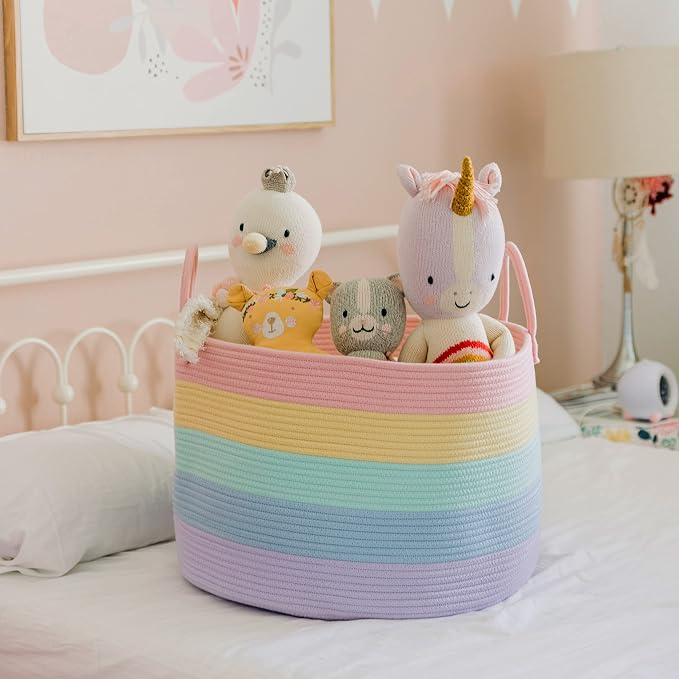 OrganiHaus Rainbow Toy Basket & Blanket Storage Bin, Nursery 20x13" | Rainbow Pastel - Round Rainbow Cotton Rope Basket, Nursery 20x13"