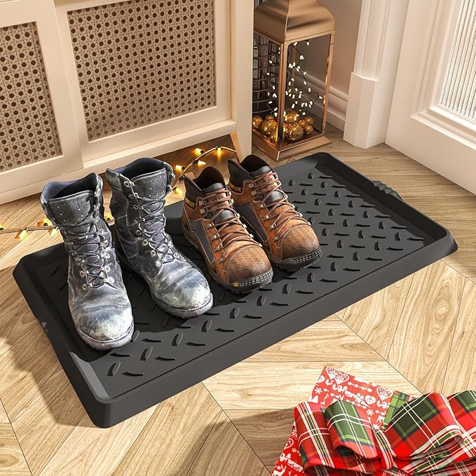SUPENUIN 2PC Boot-Tray Heavy Duty Rubber Mat with Lip Waterproof Shoe Mat Tray for Entryway Indoor Outdoor Multi Use Catch All Trays Entryway Shoe Cleaning Boot Storage 16x27.5 Inches