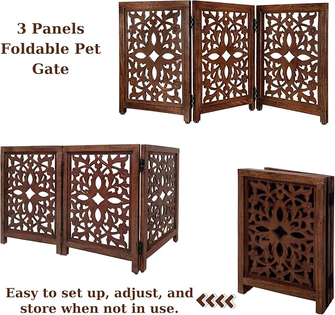 “Lightnpro Wooden Pet Gate – Decorative Carved Foldable Dog Fence, Extra-Wide Freestanding Indoor Safety Gate for Small Dogs – 24x54 Inch Natural Burnt Finish”