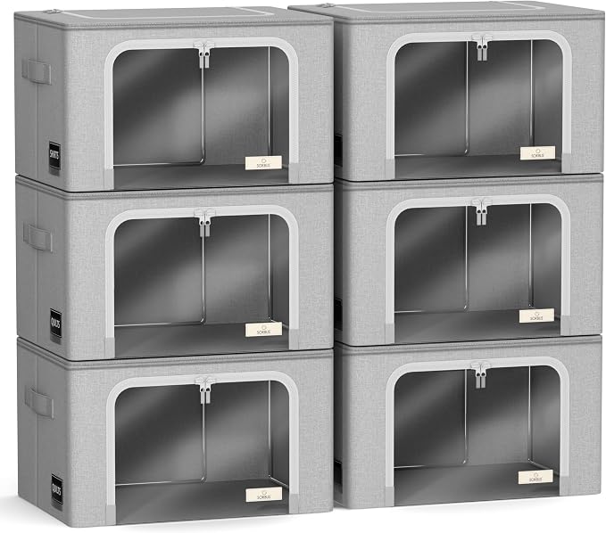 Sorbus Clothing Storage Bins with Clear Window, Metal Frame (6 Pack, Gray) | Oxford-fabric containers with carry handles stack neatly to organize bedding and linens in closets and laundry rooms.