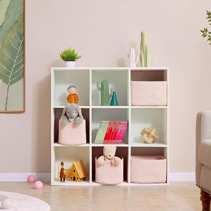 Pink Storage Basket for Shelves Woven Rope Storage Bins for Girl | Set of 4 Baskets for Organizing Rectangle Storage Basket Bins for Baby Nursery Toy Storage 12.7"L x 9"W x 7.8"H