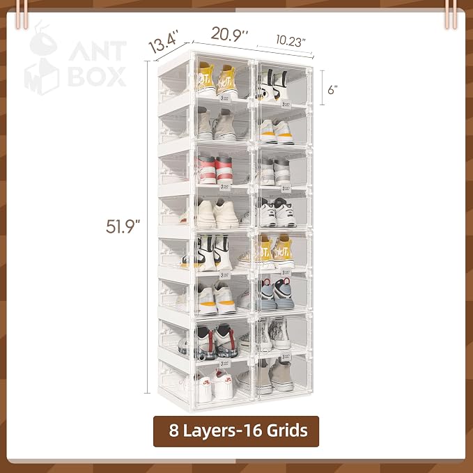ANTBOX Foldable Shoe Rack,Shoe Organizers for Closet Plastic Shoe Storage Box Space Saving for Entryway, Large Sturdy Stackable Sneaker Cabinet Bins with Magnetic Clear Door 8 Tiers 16 Pairs