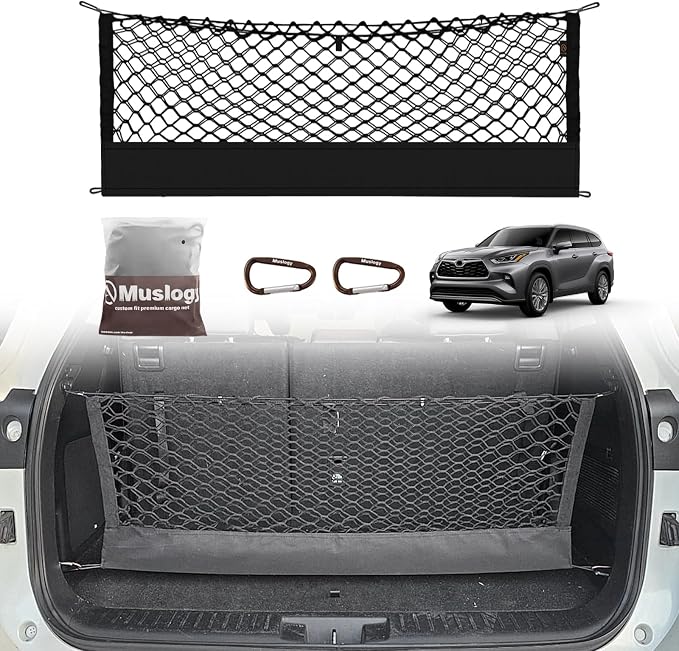 Muslogy Cargo Net for 2014-2025 2026 Toyota Highlander Accessories | Custom Fit, Trunk Storage Organizer Net for SUV Sedan Van Divider, with Heavy Duty Carabiners, Night Visible Grab Handle